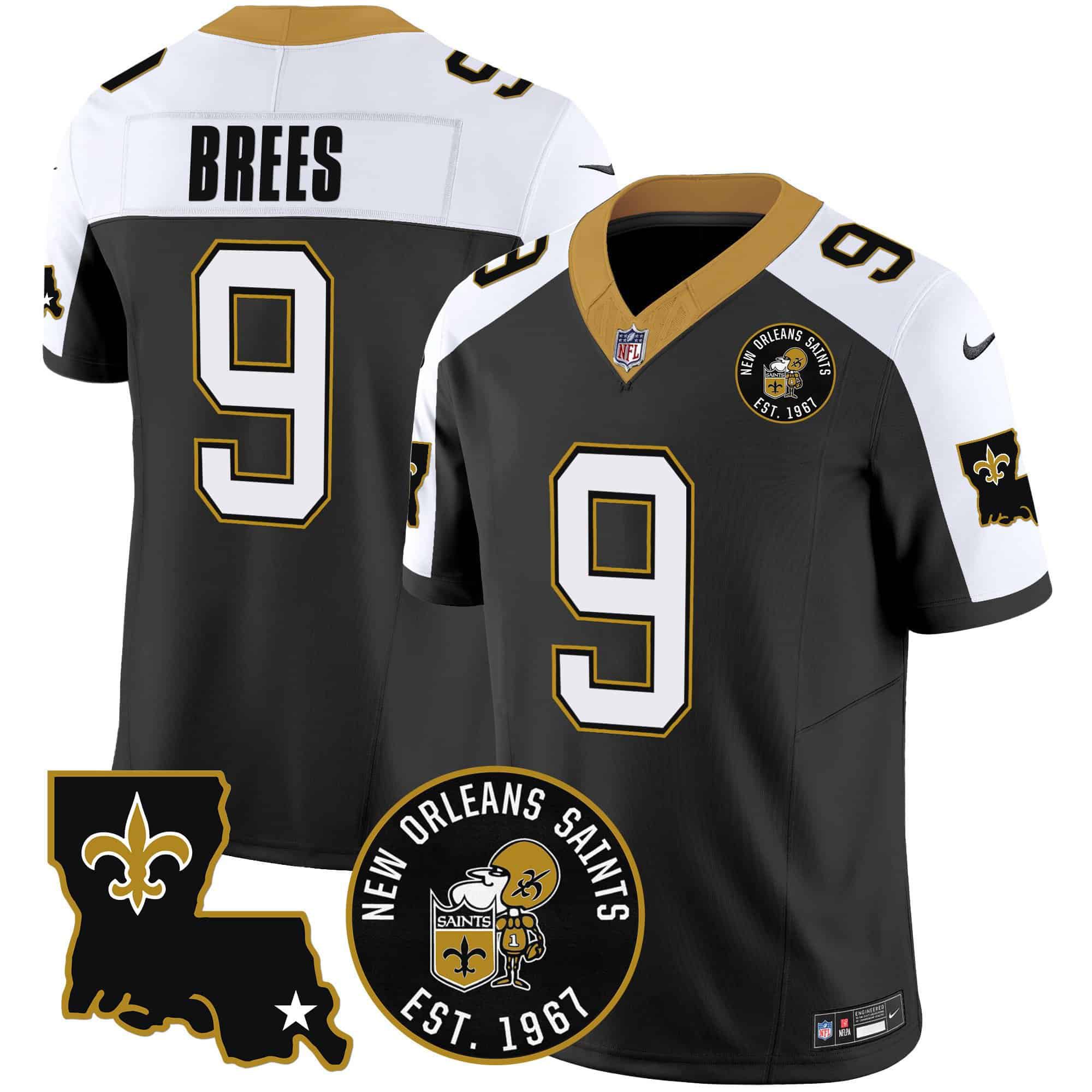 Men New Orleans Saints #9 Brees Black 2024 Nike 1967 Patch Vapor Limited NFL Jersey